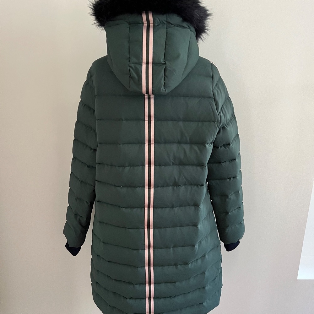 Boden Puffer Puffy down coat olive green pink racing stripes Women's size 10